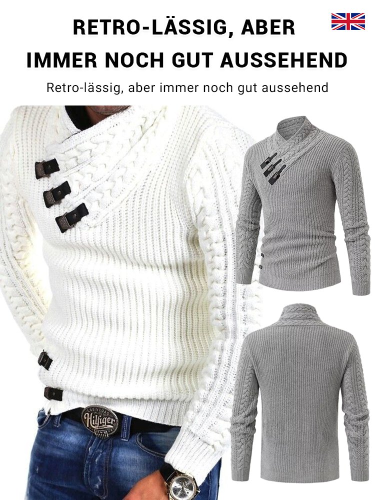 Herren-Kaschmirpullover mit Lederknopf-Schrägkragen