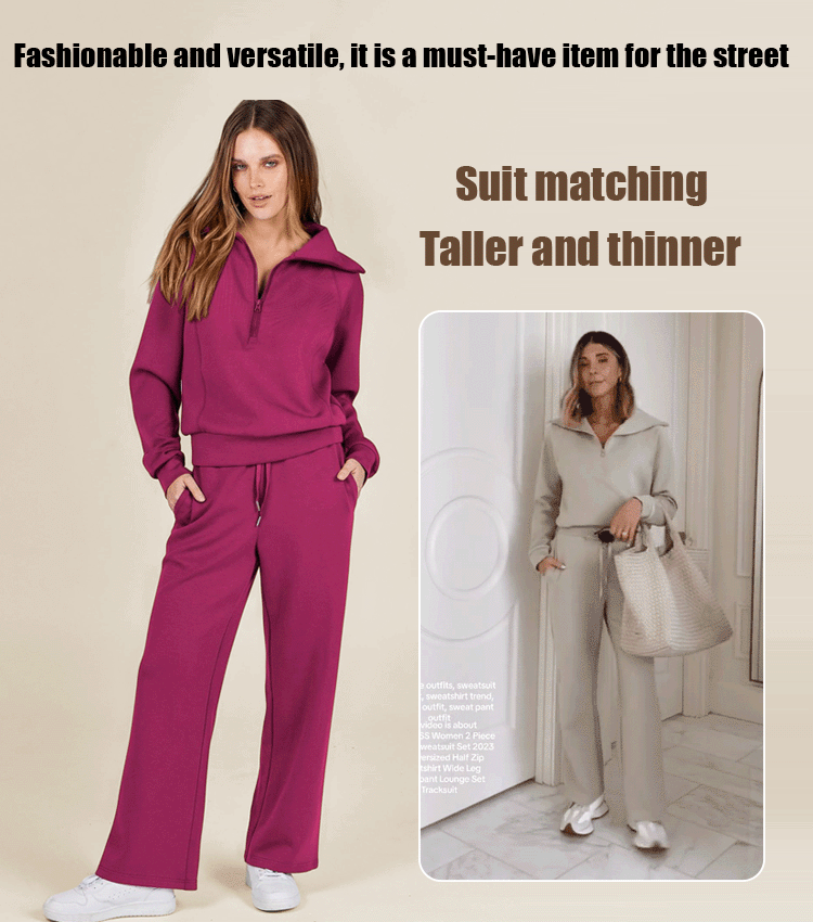 Casual Zipper Long Sleeve Sweatshirt Wide Leg Pants Two Piece Set
