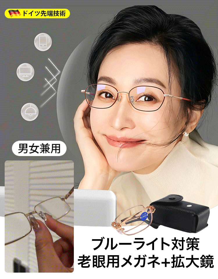【176年の歴史を持つドイツの眼鏡店から】遠近両用累進多焦点折りたたみ式ブルーライトカット変色老眼鏡✨紫外線に当たると自動的に色が変わり、目を保護する