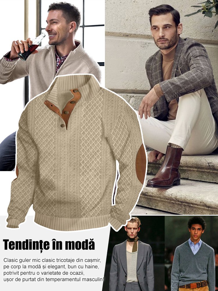 Pulover casual din tricot jacquard cu guler înalt