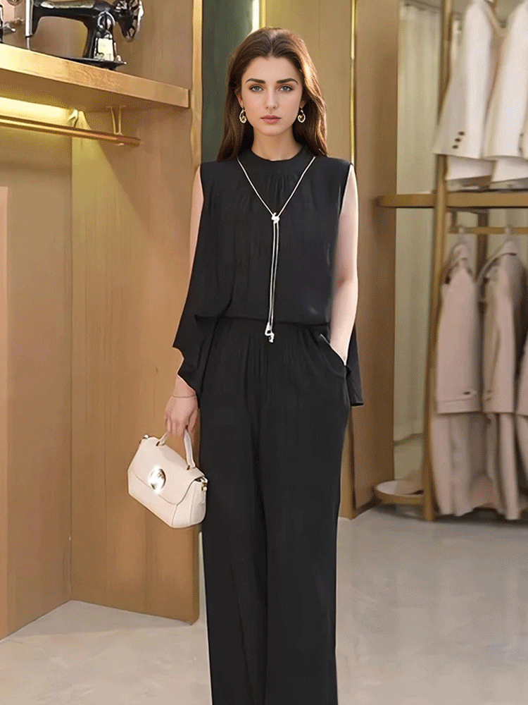 مجموعة بلوزة وبنطال فرنسي راقي بقصة فضفاضة للنساء 