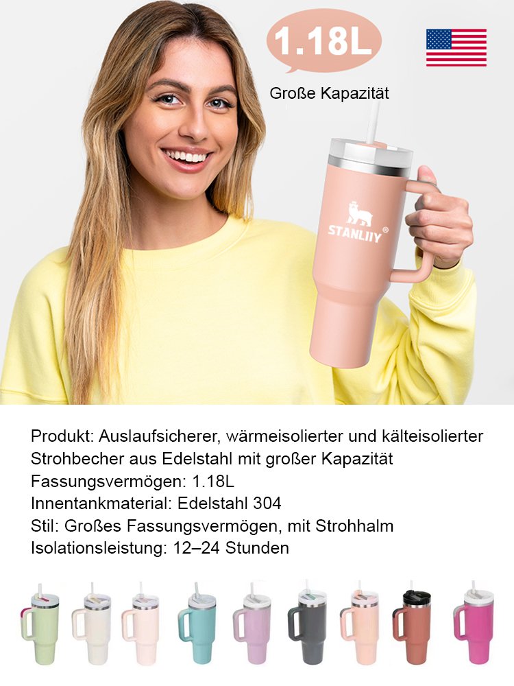 Große, auslaufsichere Vakuum-Edelstahl-Isolier-Strohhalm-Tasse.