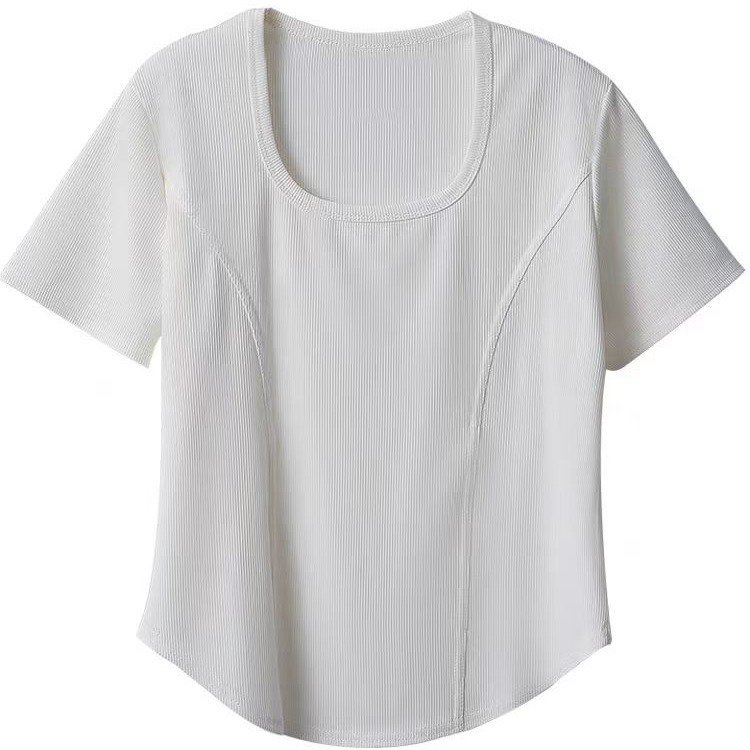 JL-스트레치 골지 코튼 스퀘어 넥 반팔 여성 티셔츠 여름