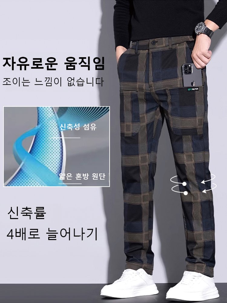 남성용 캐주얼 체크무늬 6포켓 스판 스트레이트 팬츠