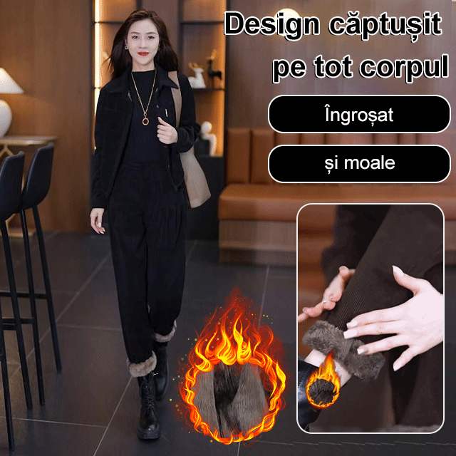 Pantaloni casual de iarnă cu talie înaltă și talie elastică, set de două piese