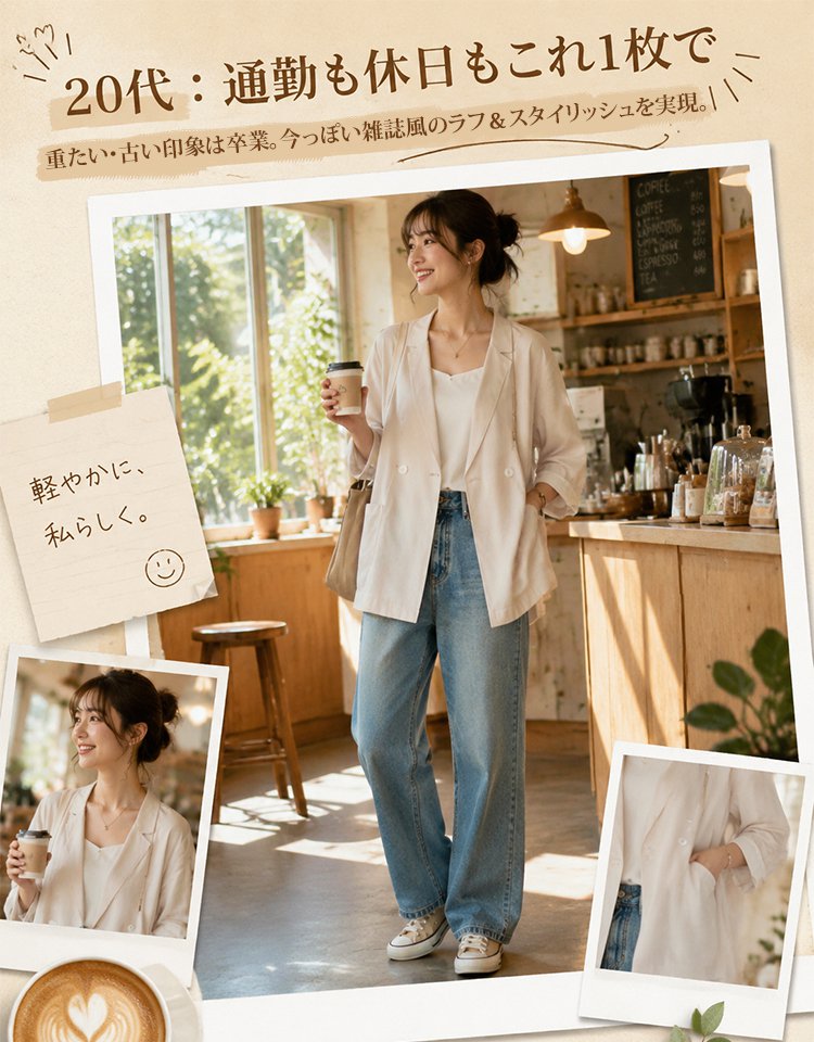 ダブルブレスト・ゆったりシルエット薄手レディースジャケット