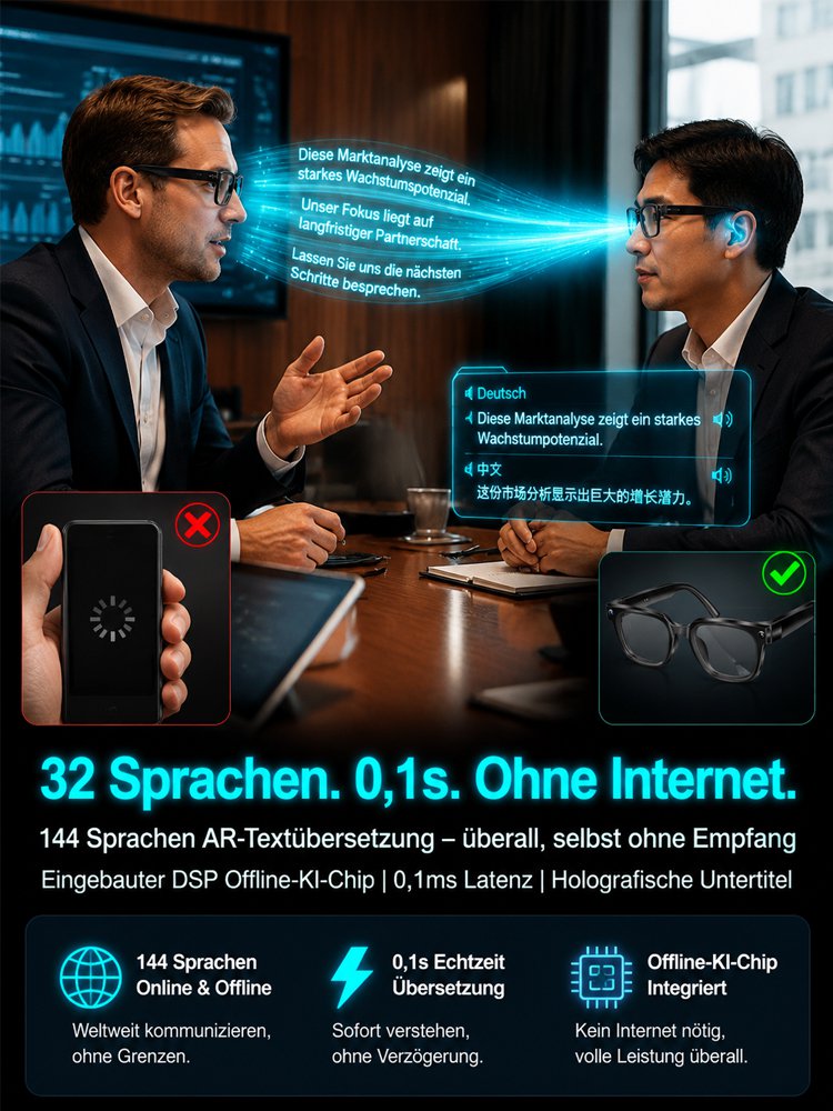 AI Übersetzungs-Smartbrille mit 8MP Kamera, Farbwechsel und Telefonfunktion