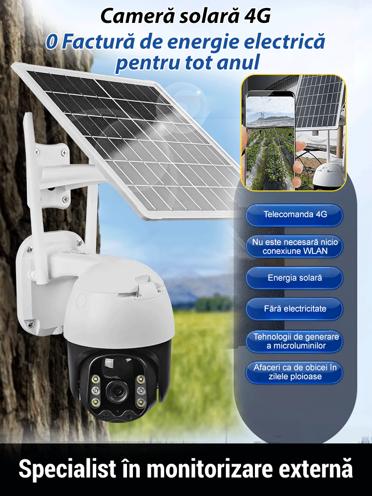 Cameră de supraveghere solară fără fir, vedere pe timp de noapte HD