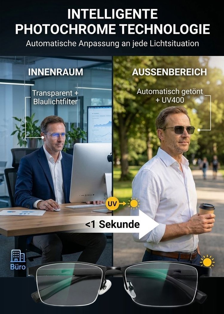 Intelligente, selbsttönende und ultraleichte Herrenbrille mit variablem Fokus