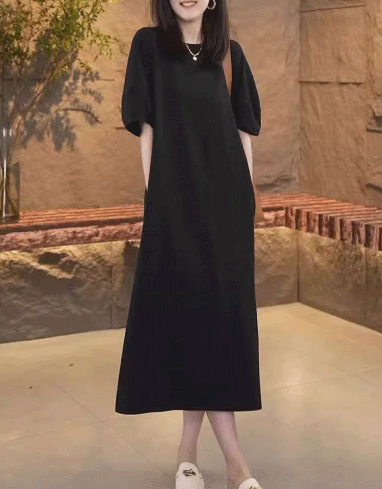 韓国スタイルコットンリネン無地ワンピース