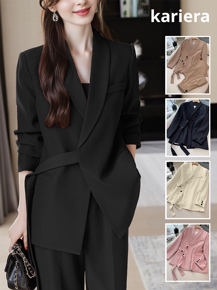 Zaprojektowany sznurowany garnitur w połączeniu ze spodniami z szerokimi nogawkami