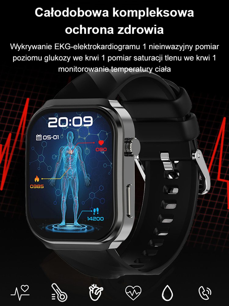 【Nieinwazyjny pomiar poziomu glukozy we krwi】Inteligentny zegarek monitorujący ciśnienie krwi, pozio