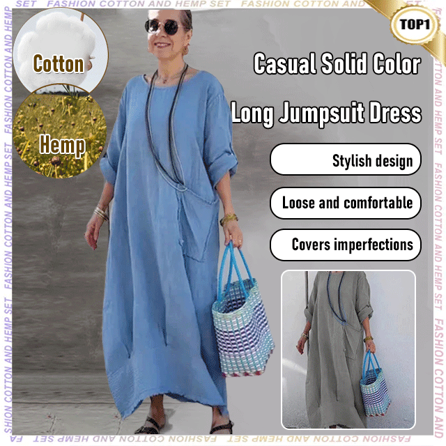 Cotton Linen Casual Solid Color Pocketed Round Neck Long Jumpsuit