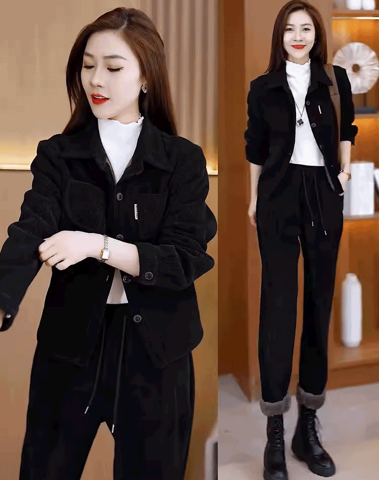 加絨氣質休閒哈倫褲兩件套