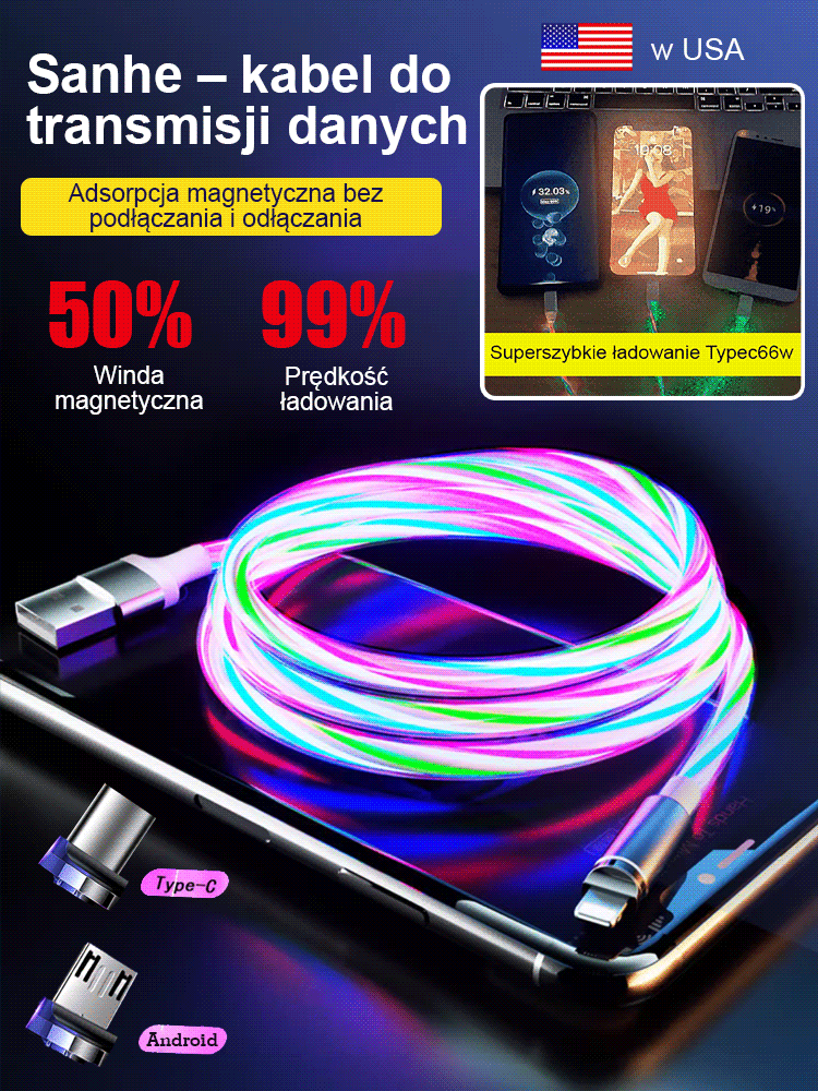 Magnetyczny kabel do transmisji danych Magic Flow 3 w 1