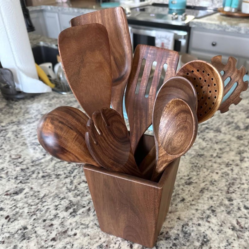 Wooden Spoons for Cooking, Acacia Wood Cooking Utensils Set 11 Piece Wooden Kitchen Tools with Holde