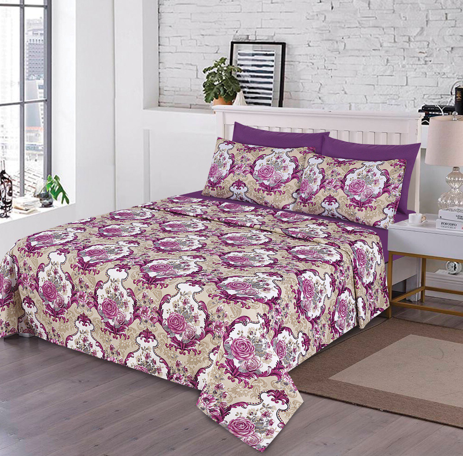 高級ウェディング寝具セット 4点 クイーン・キングサイズ 3Dフローラルプリント 防縮・色あせ防止