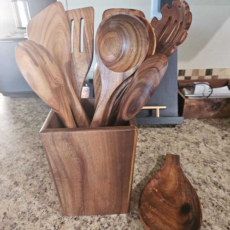 Wooden Spoons for Cooking, Acacia Wood Cooking Utensils Set 11 Piece Wooden Kitchen Tools with Holde