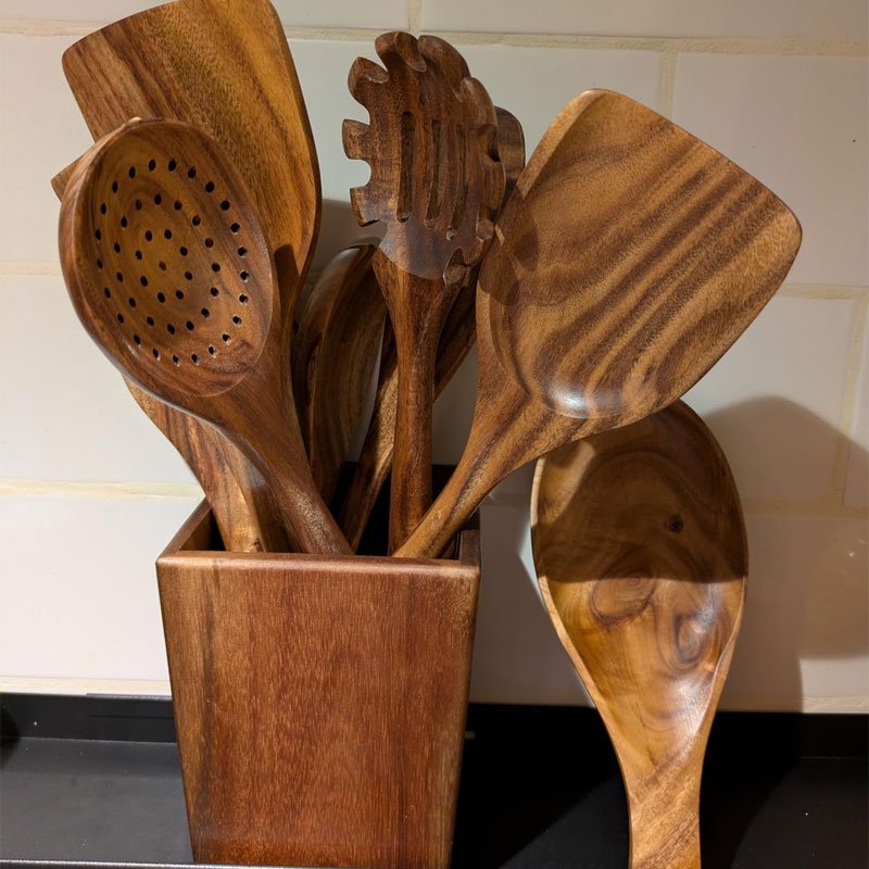 Wooden Spoons for Cooking, Acacia Wood Cooking Utensils Set 11 Piece Wooden Kitchen Tools with Holde