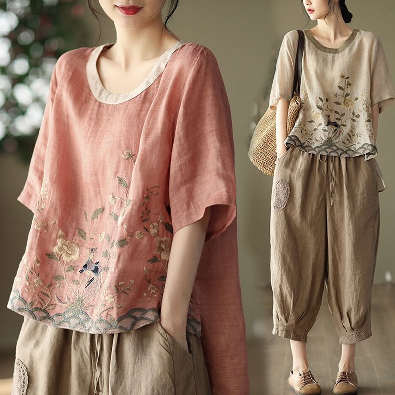 綿麻半袖ブラウス