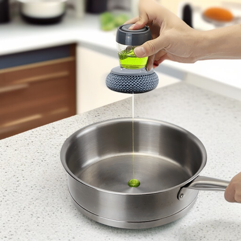 Automatic soap dispensing kitchen cleaning brush with short handle