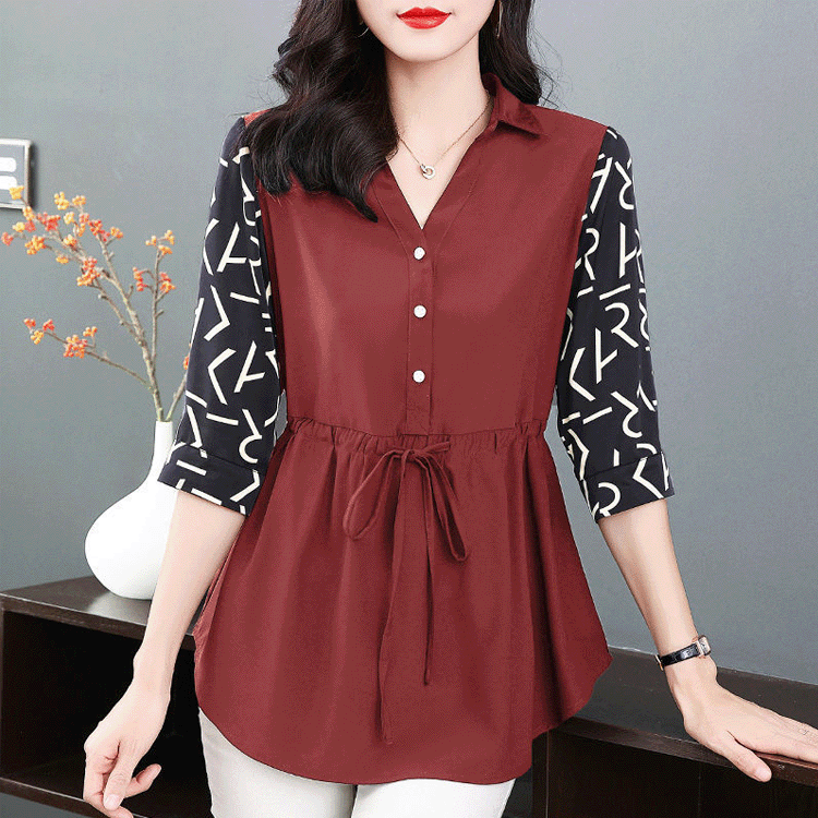 밴딩 벨트 브이넥 브라우스