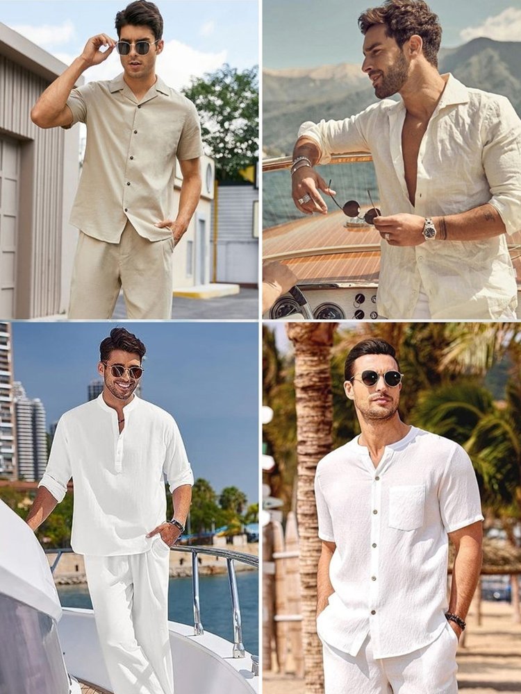 مجموعة قميص وبنطال مريحة من الكتان الطبيعي من إيطاليا