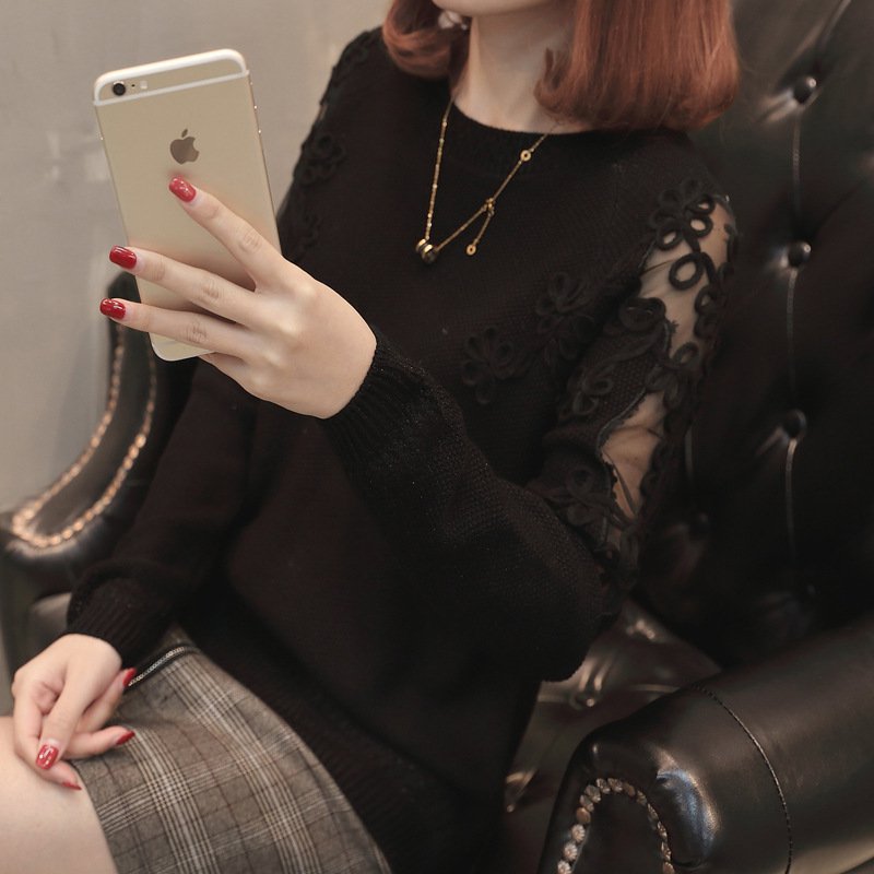 新商品エレガント切り替えラウンドネック長袖ニットセーター