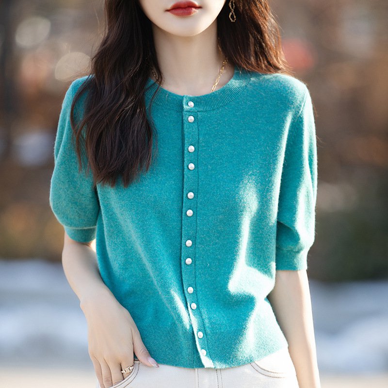 パール付き半袖ニットカーディガン