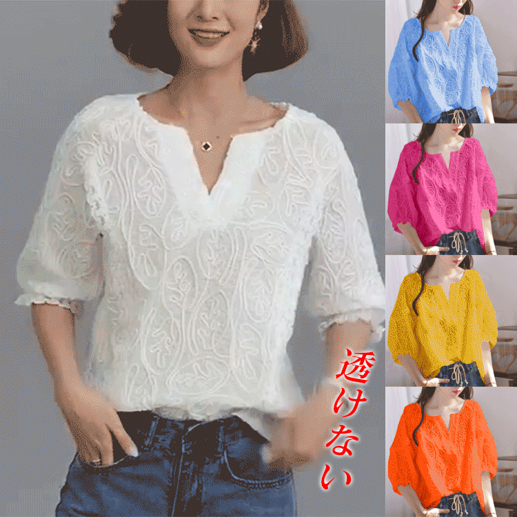 ルーズVネック総レースブラウス