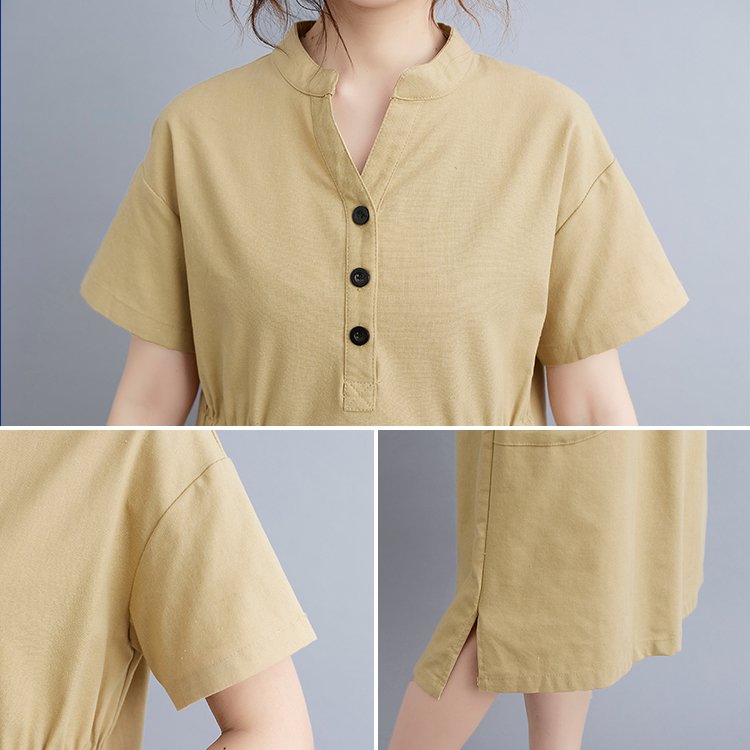 큰 주머니 밴드 코튼 린넨 원피스