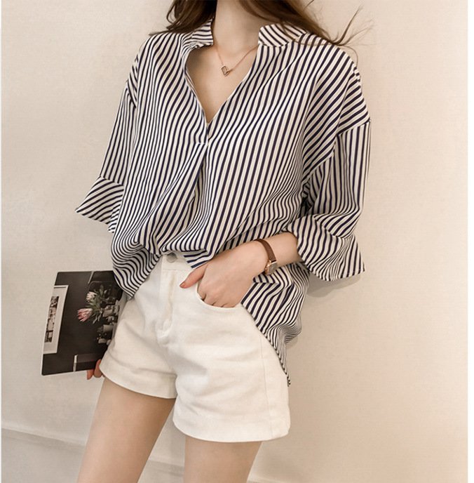 V-Neck Flared Sleeve Striped Top