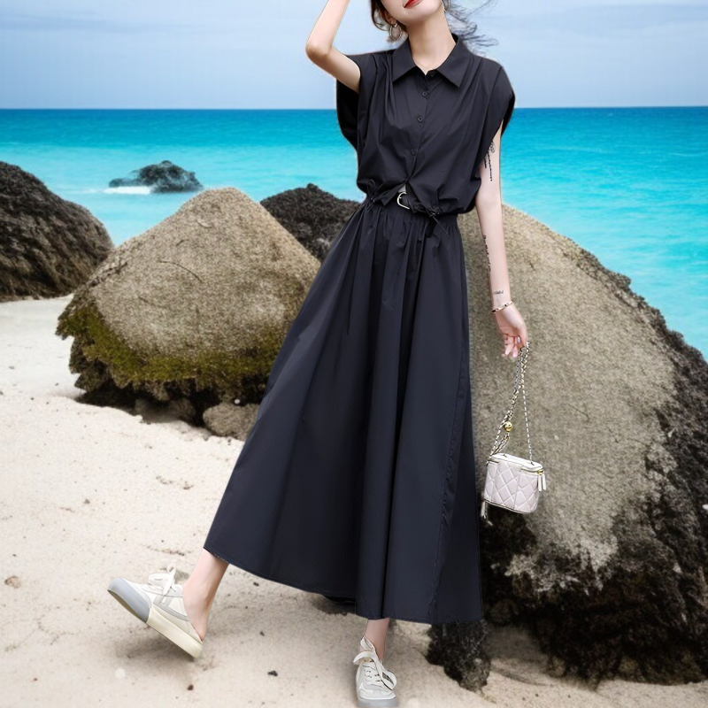 여성 투피스 상의와 미디 스커트 코디