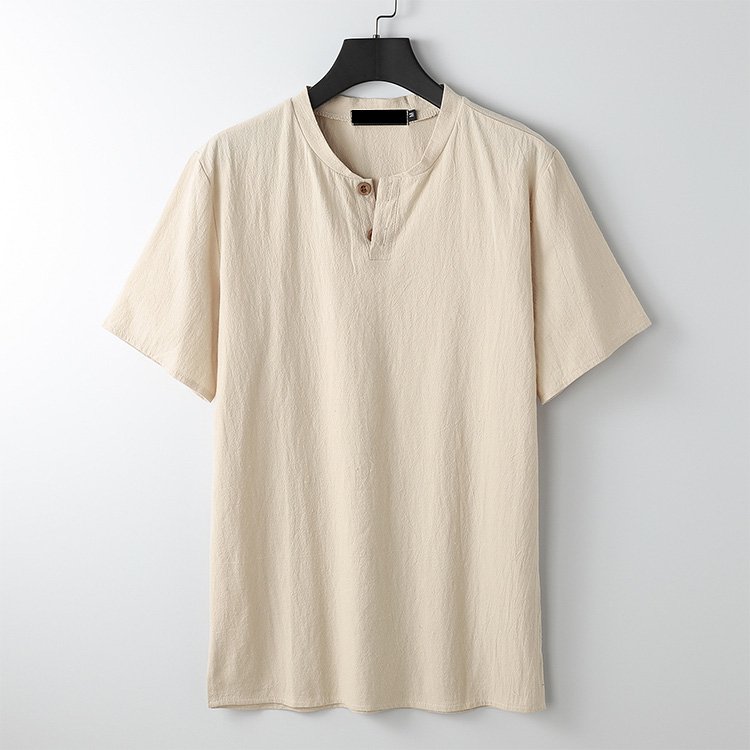 【リネンTシャッ】生地は麻100%を使用、ヘンリーネックでシンプルお洒落に!