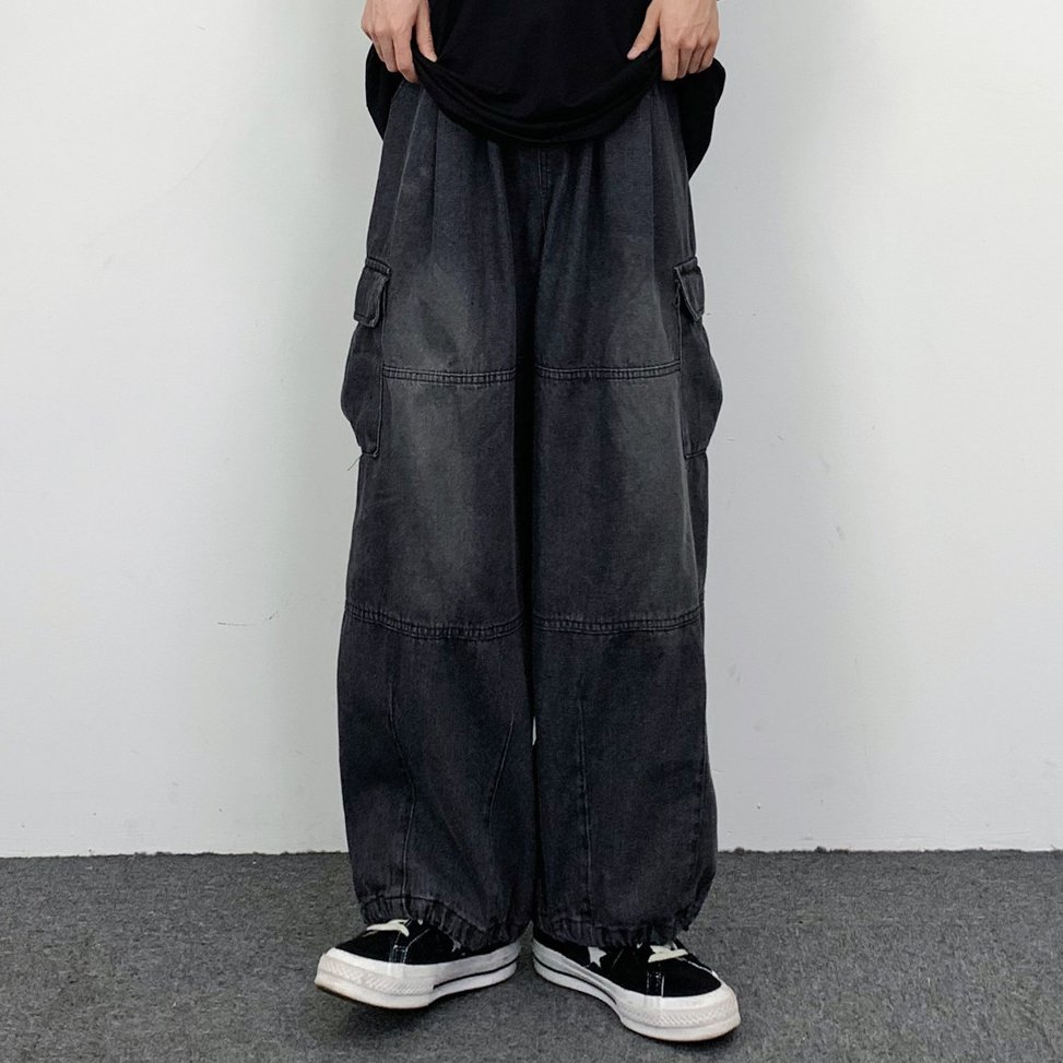 ストリートコーディネート自在ルーズ無地切り替えファッションデニムパンツ