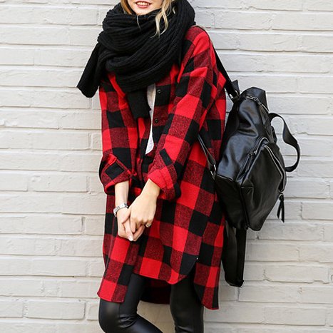 チェック柄配色ポケット付き長袖シャツ