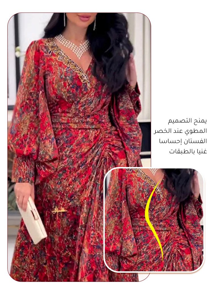 فستان أنيق ميزن بأنماط الزهور مع الياقة على شكل V 