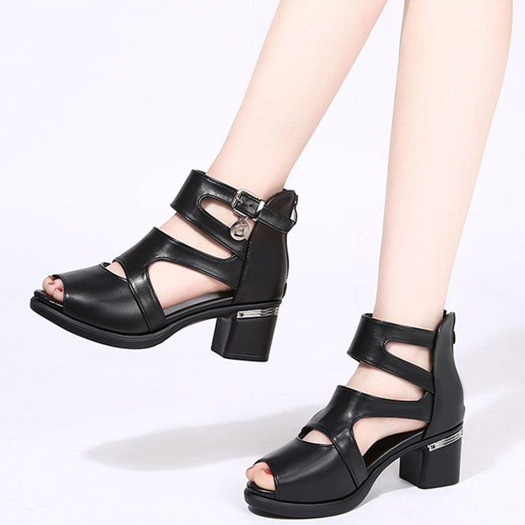 Women's mid-heeled peep-toe soft leather Roman sandals