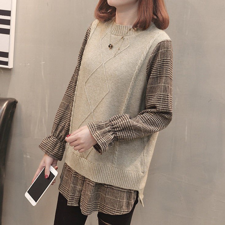 カジュアルチェック柄長袖フェイクレイヤード切り替え編みニットセーター