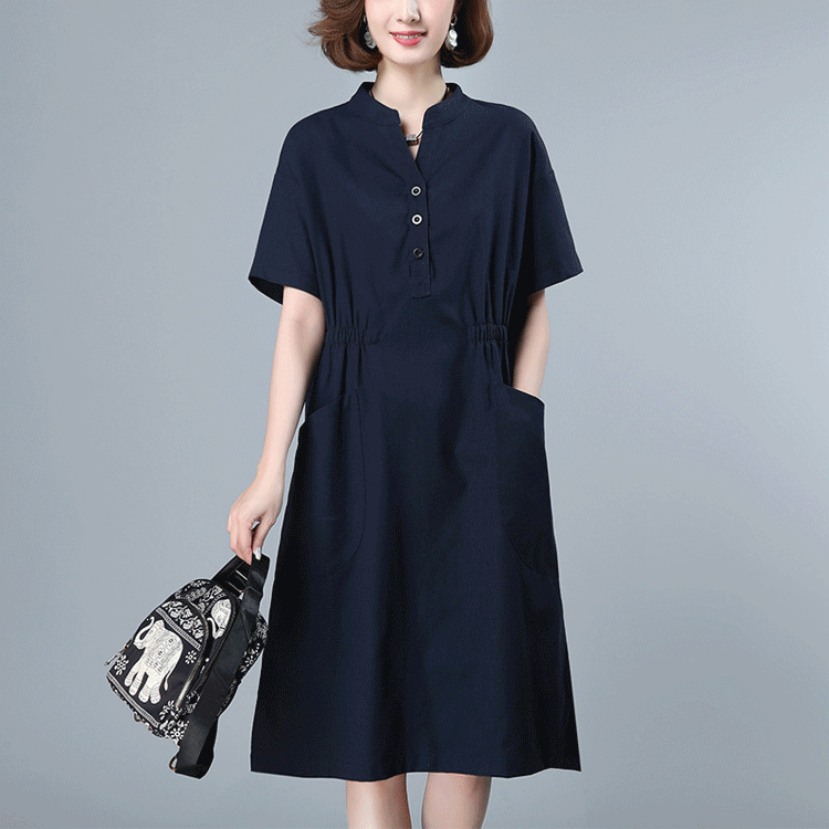 큰 주머니 밴드 코튼 린넨 원피스