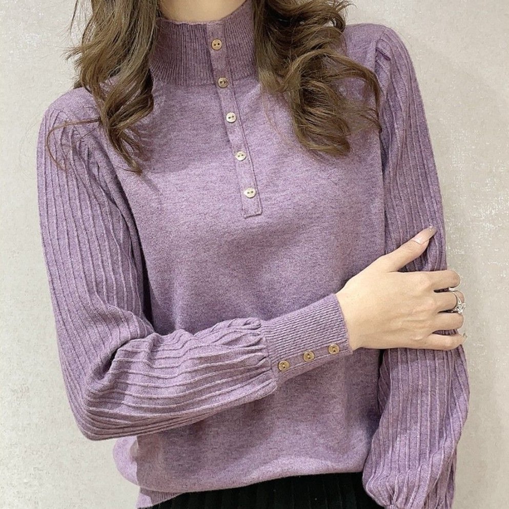 話題沸騰中カジュアルハイネック長袖ボタン無地ニットセーター