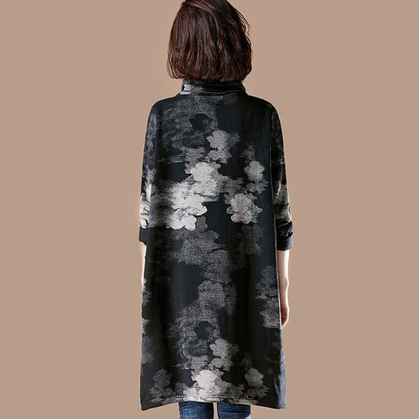 おしゃれ度アップ 着瘦せ 大きいサイズ 裏起毛 総柄 ポケット付き プリント ハイネック ワンピース