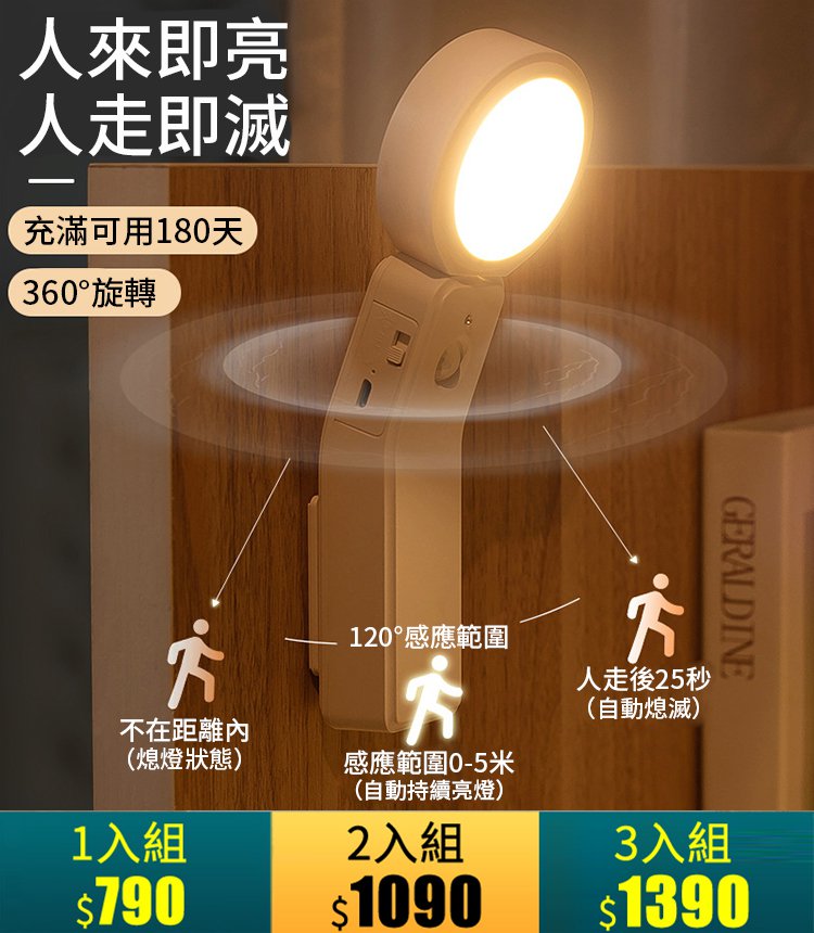 【BONum 博紐】可轉向人體長距離智能感應LED燈充電款(夜燈 轉頭 燈光延長 常亮 三段開關 usb 充電 免拉線)