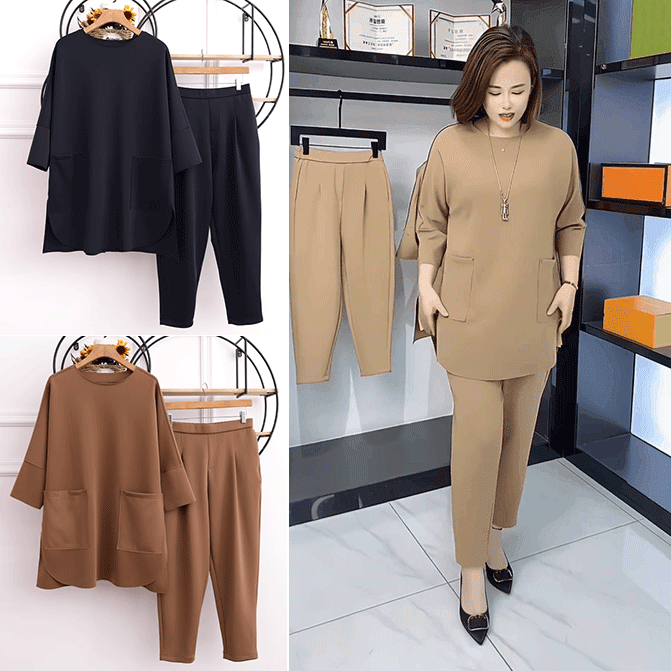 純色寬鬆顯瘦上衣休閒百搭褲子兩件套裝