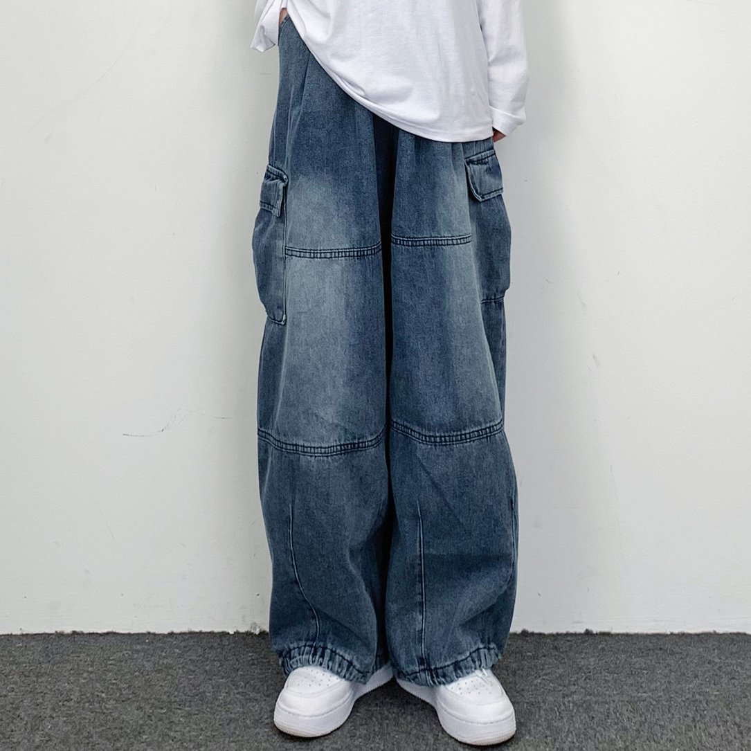 ストリートコーディネート自在ルーズ無地切り替えファッションデニムパンツ