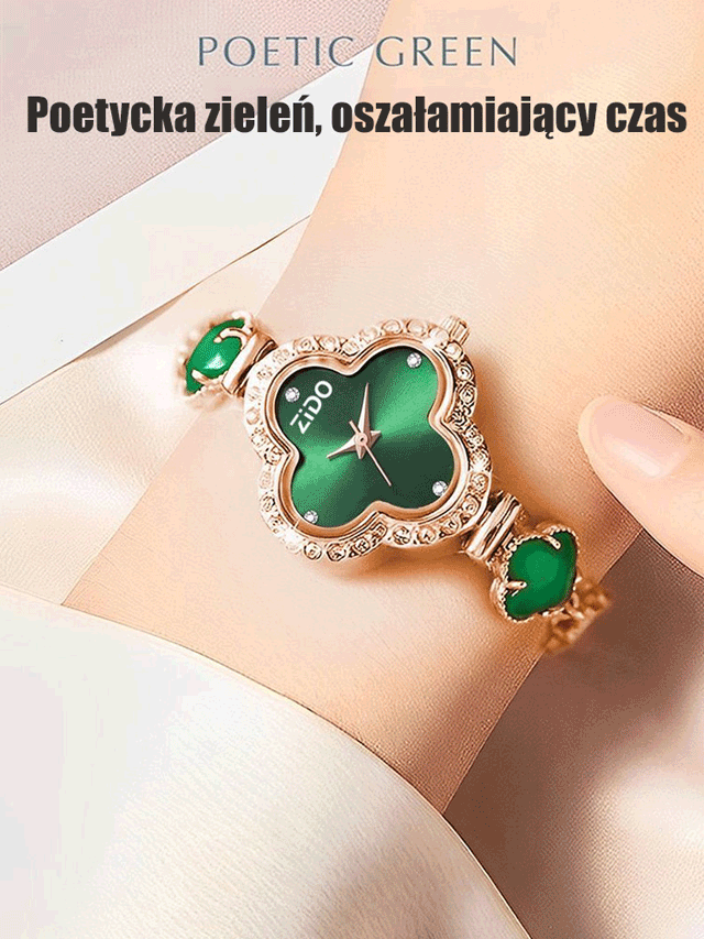Wysokiej jakości zegarek damski z jadeitem i diamentami w kształcie czterolistnej koniczyny