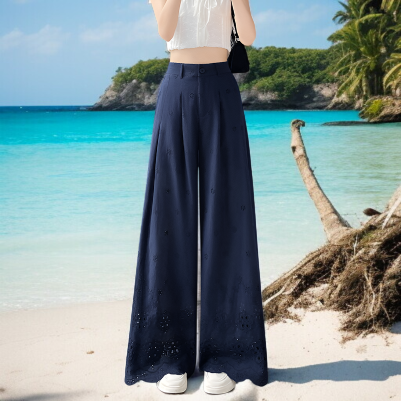 フックフラワーデザインのワイドレッグパンツ