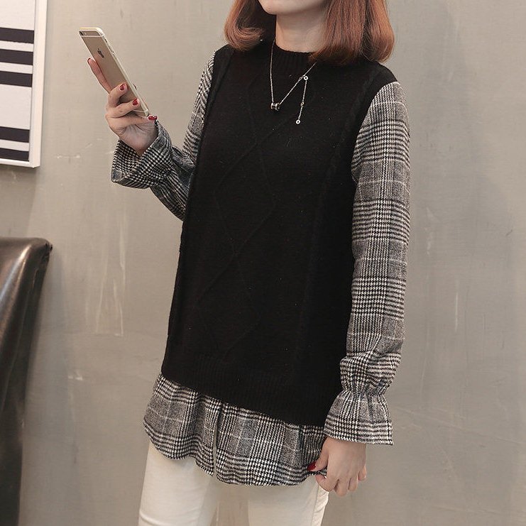 カジュアルチェック柄長袖フェイクレイヤード切り替え編みニットセーター