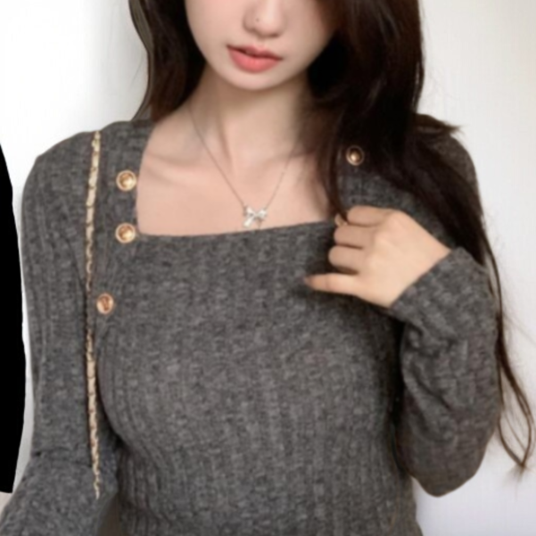 여성 슬림 캐시미어 언밸런스 디자인 니트 전면 이미지