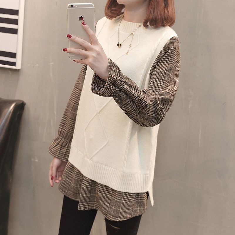 カジュアルチェック柄長袖フェイクレイヤード切り替え編みニットセーター